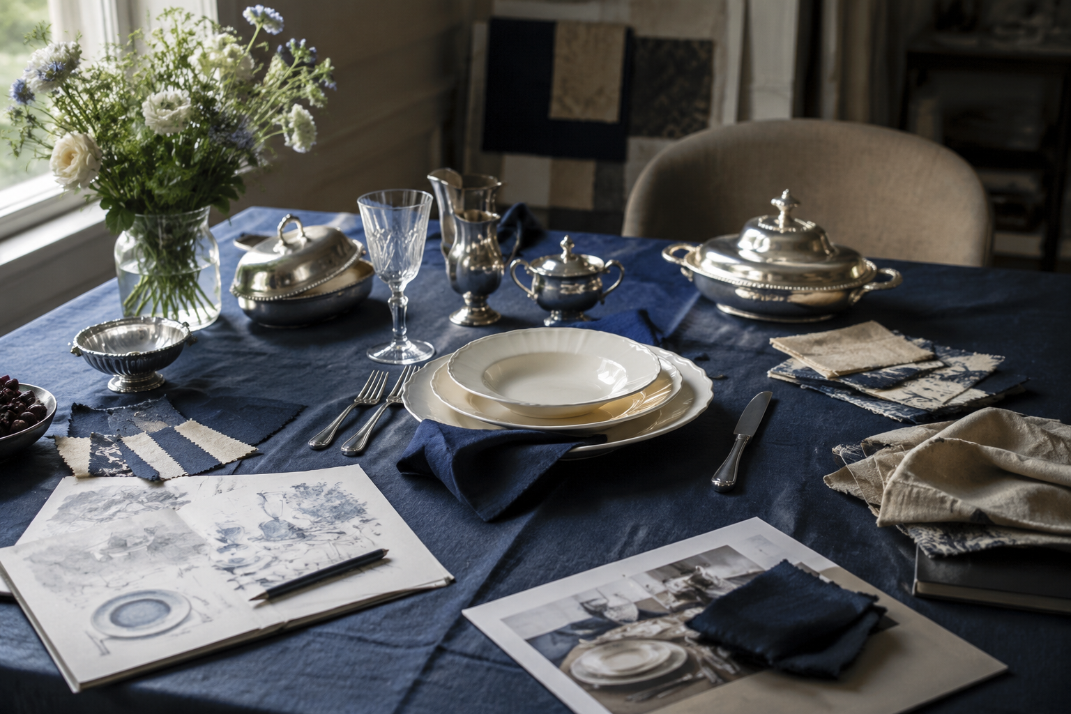 Sovereign House styling studio table with formal tableware in progress