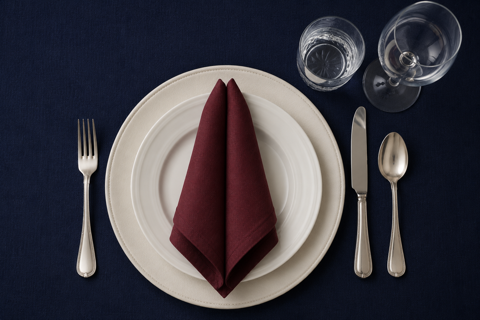 Overhead view of a single formal place setting layout